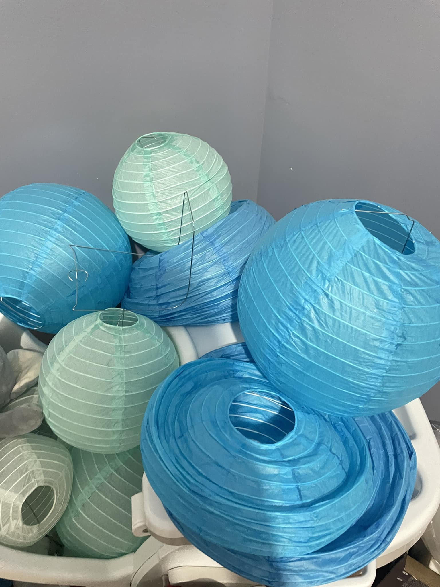 12pc Sky Blue Paper Lanterns With LED Lights – Hanging Chinese Ball Lanterns For Wedding, Party, Birthday Decor