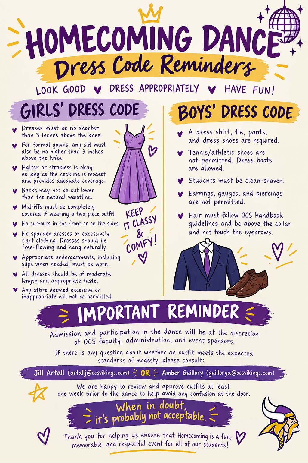 💃✨ Homecoming is almost here, Vikings! 💜💛 Before you pick out your Homecoming look, take a quick peek at our dress code reminders! We want everyone looking sharp, feeling confident, and ready
