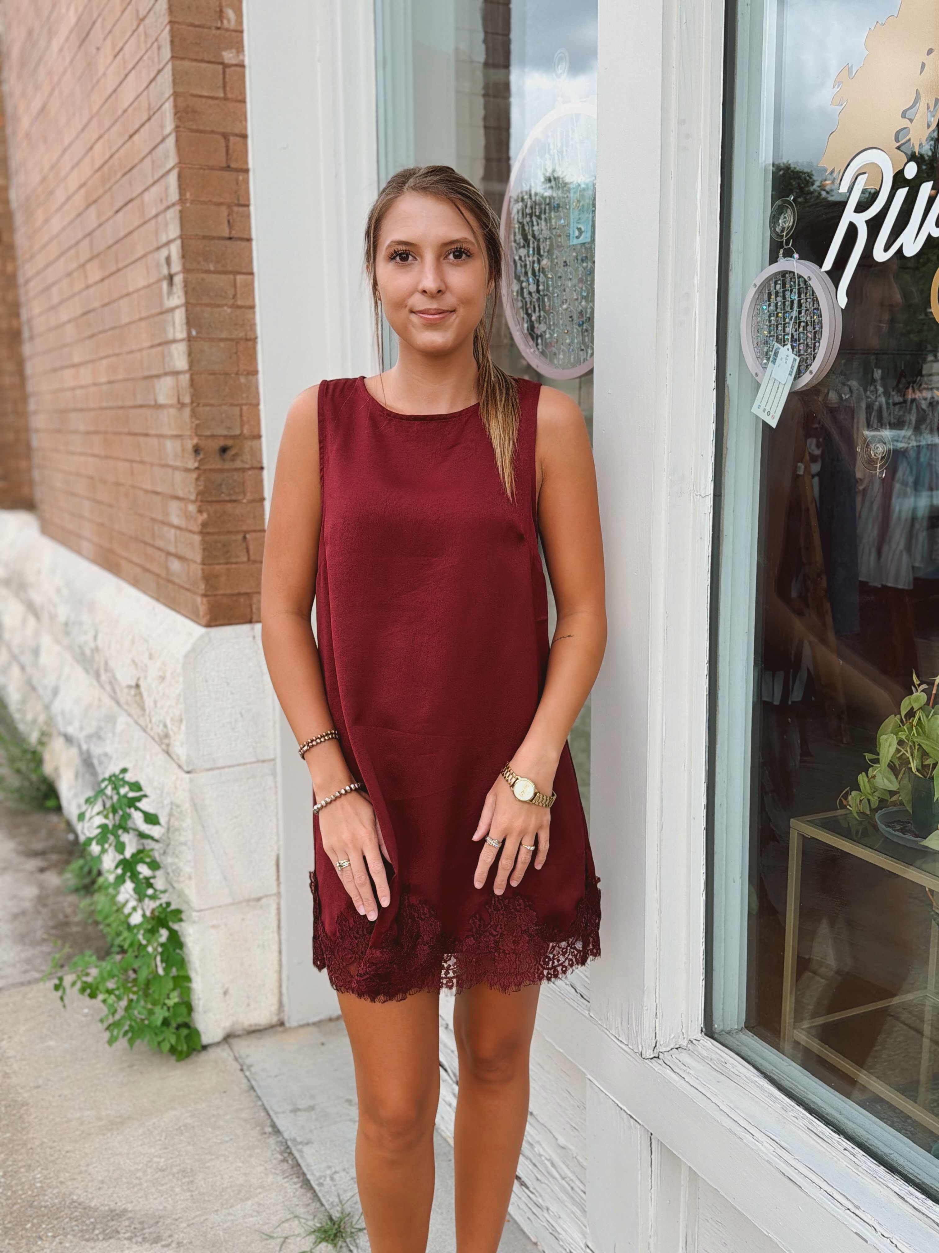 Burgundy dress for fall at River Oak Boutique