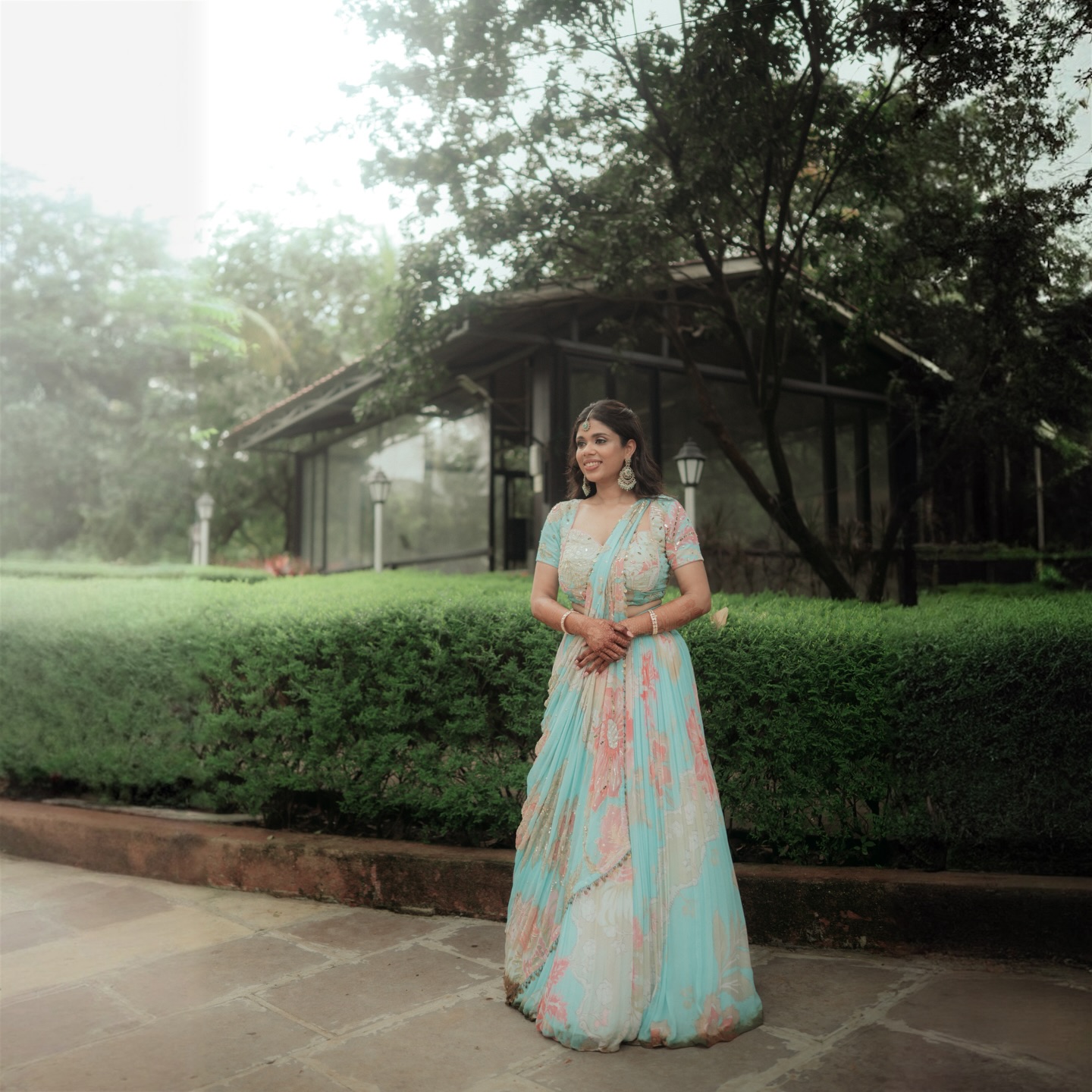 makeup for pastel green dress Pre-Haldi vibes, moods, bride-to-be energy 💙🌼 & Hair: @makeupbygincy Photographer: @tikgraphy Venue: @jashanfarms disney style wedding gown