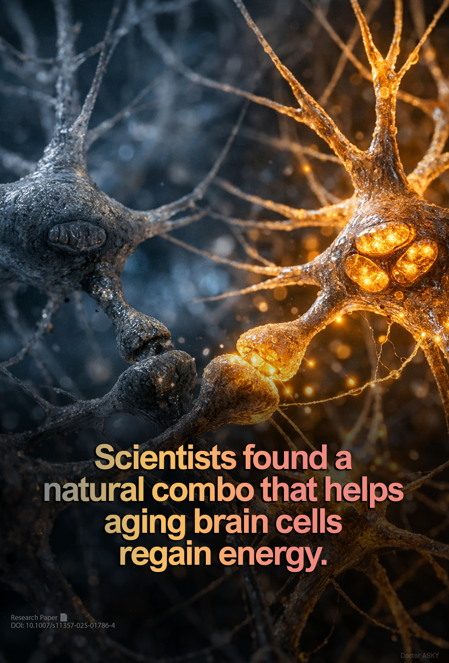 Researchers have identified a pair of naturally occurring compounds that together help rejuvenate aging brain cells by restoring their internal energy balance. The combination includes nicotinamide, a form of vitamin B3, and