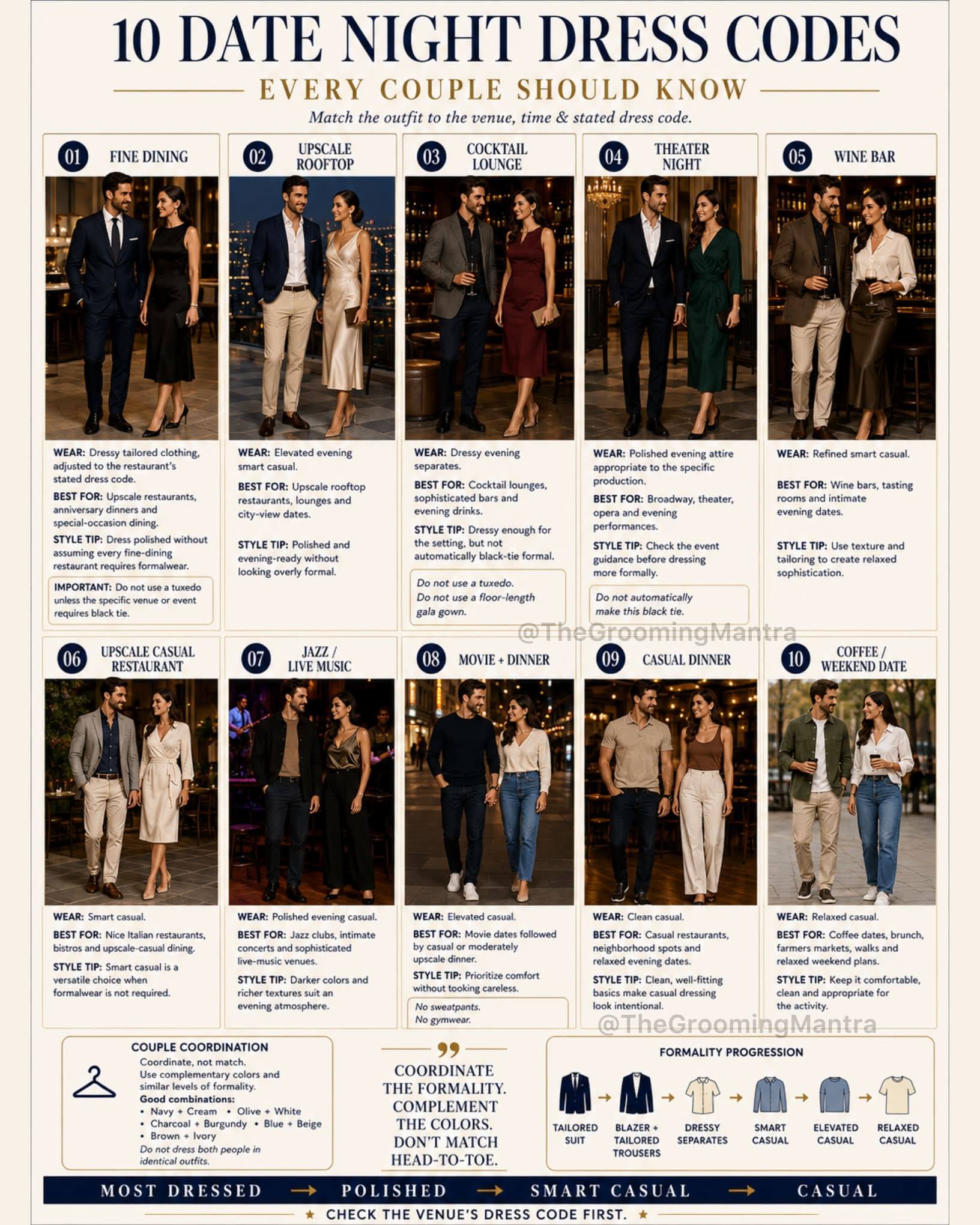 Date night doesn't have one dress code. The venue sets the tone. 👔✨ Fine dining calls for tailored, polished looks. Rooftop dates lean elevated and relaxed. Cocktail lounges sit somewhere between dressy