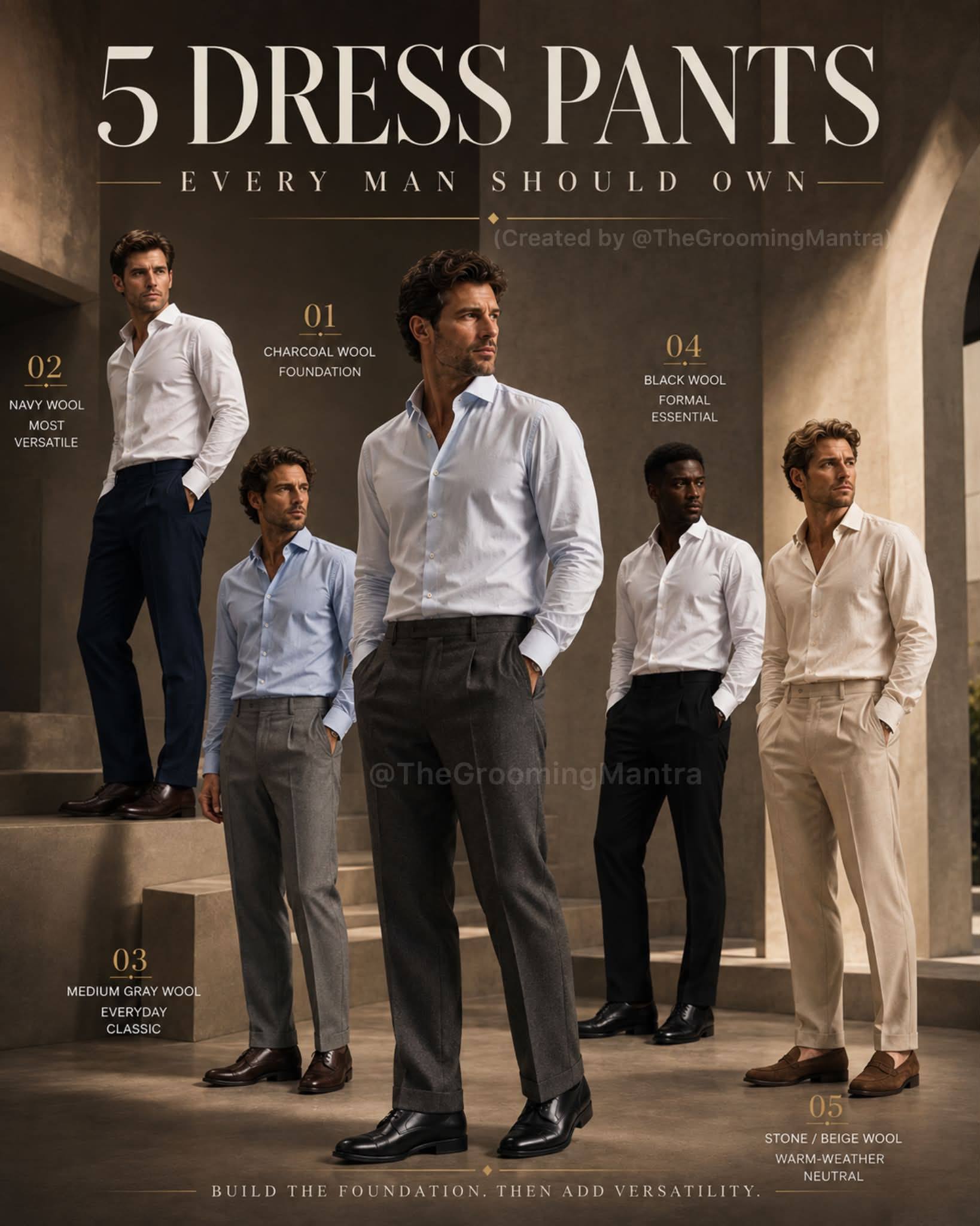 The right dress pants can make your entire wardrobe more versatile. Start with these five essentials: 1. Charcoal wool: Your foundation piece. Perfect for business, dress shirts, blazers, and smart evening looks