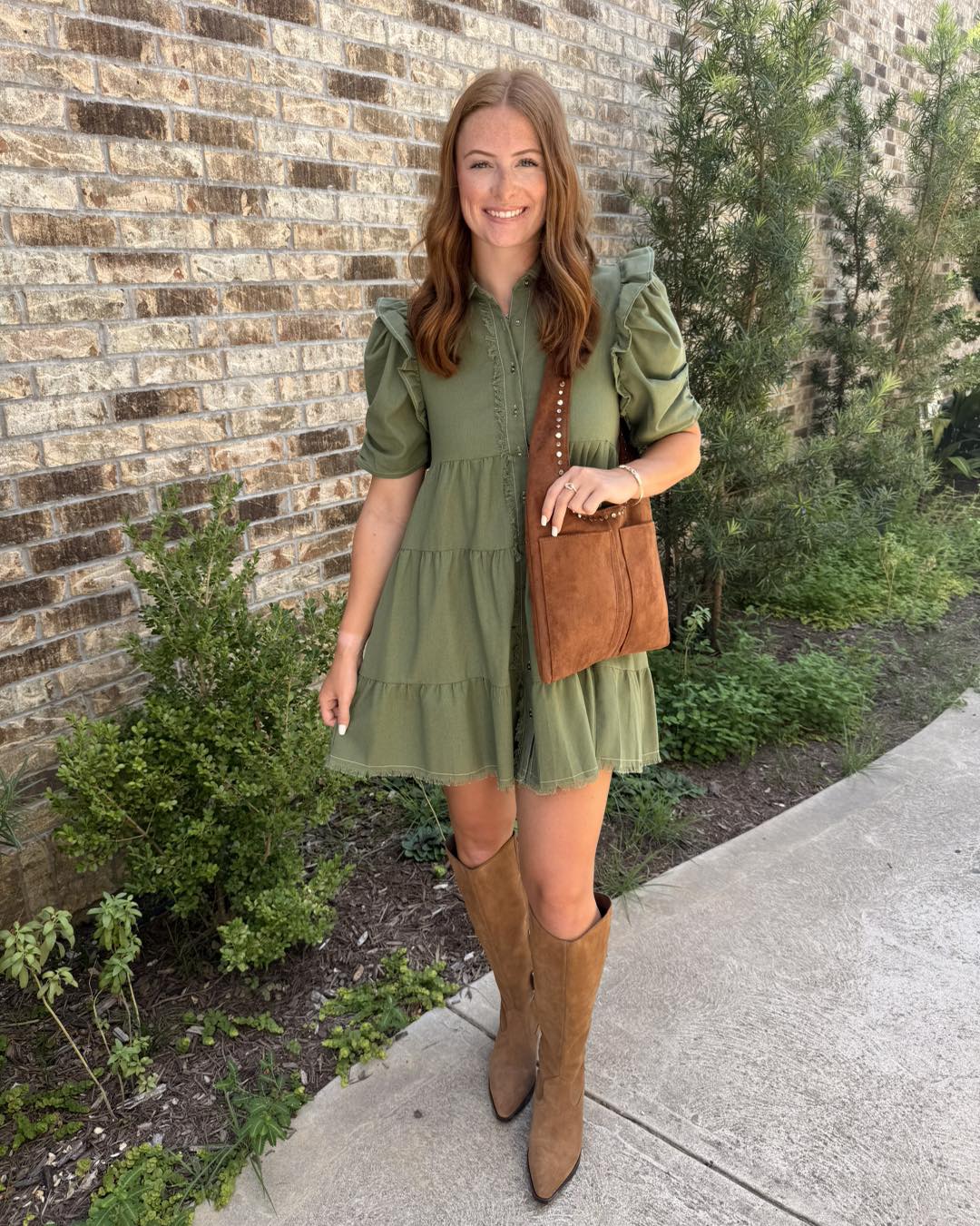 green dress and brown boots Marlene's Sass & Class added a winter green dress with boots