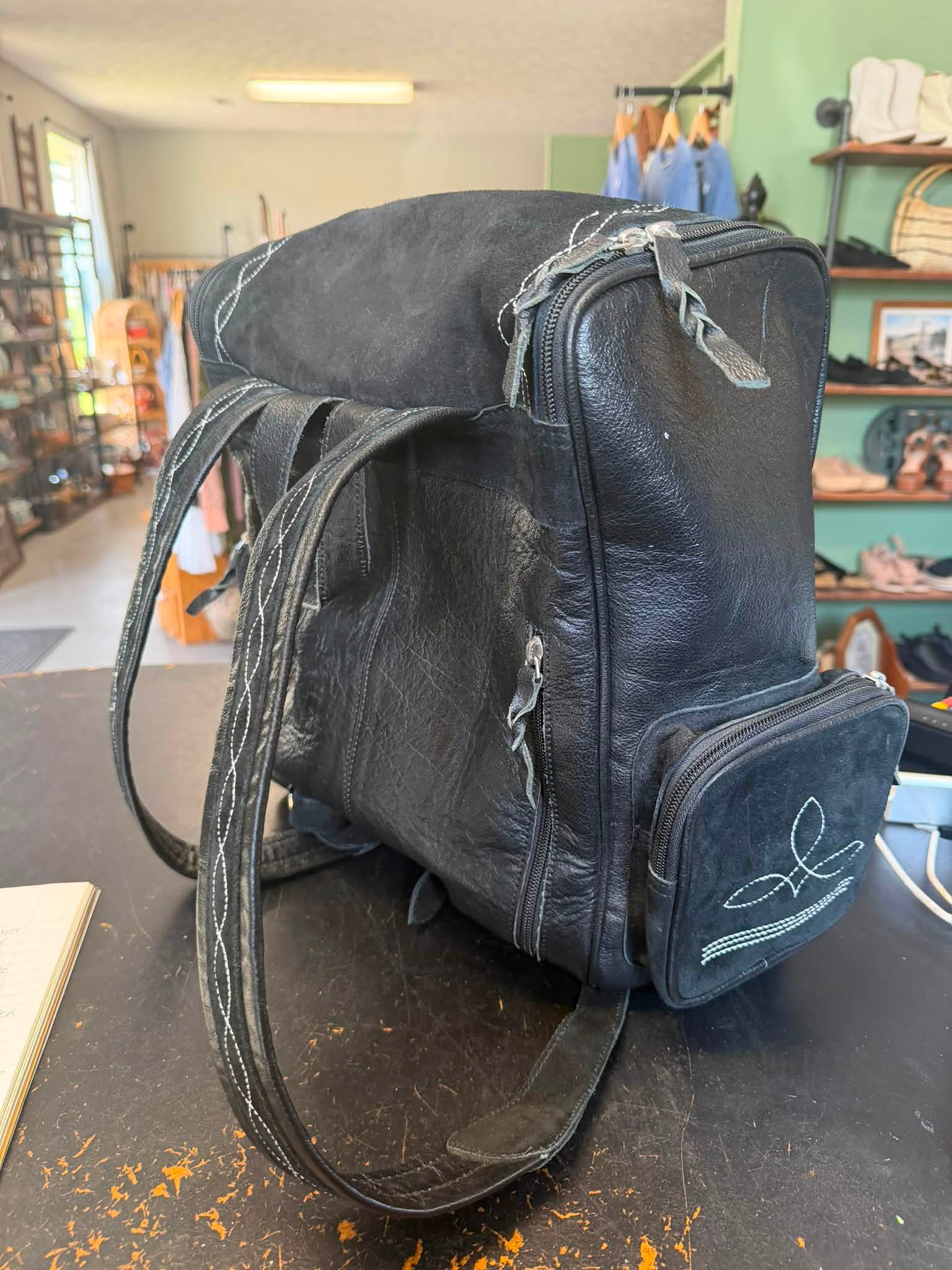 douglas black canvas backpack with faux leather Grand Prix Deluxe 3 flat pockets Rothco Vintage Canvas Teardrop Backpack