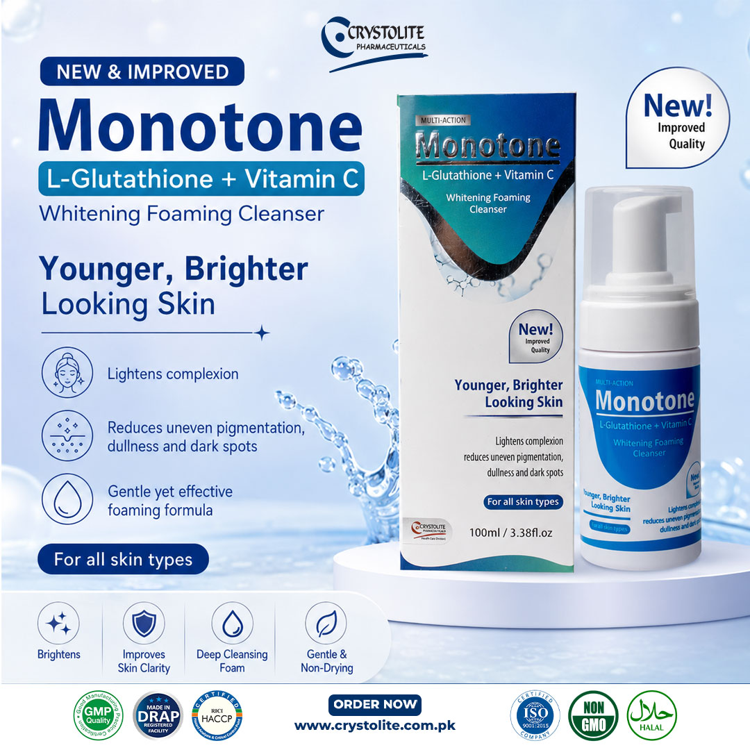 Reveal Younger, Brighter & Healthier Looking Skin with the NEW & IMPROVED Monotone Whitening Foaming Cleanser Infused with L-Glutathione + Vitamin C, this advanced multi-action formula helps deeply cleanse, brighten complexion, reduce