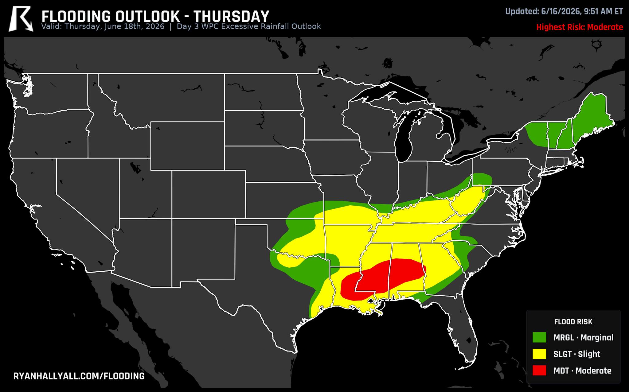 Two days out, Thursday is the one to watch for flooding rain. WPC