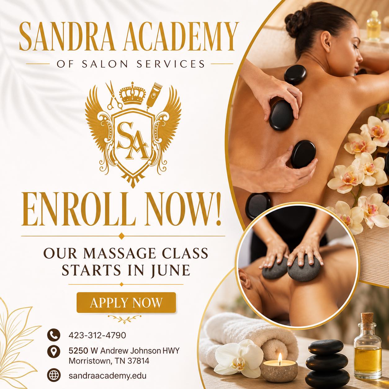 ✨ ENROLL NOW at Sandra Academy of Salon Services! ✨ Our Massage Therapy  class starts in June at our 🚨MORRISTOWN CAMPUS ONLY🚨! This program is  offered as: ☀️ Day Classes Only ❌