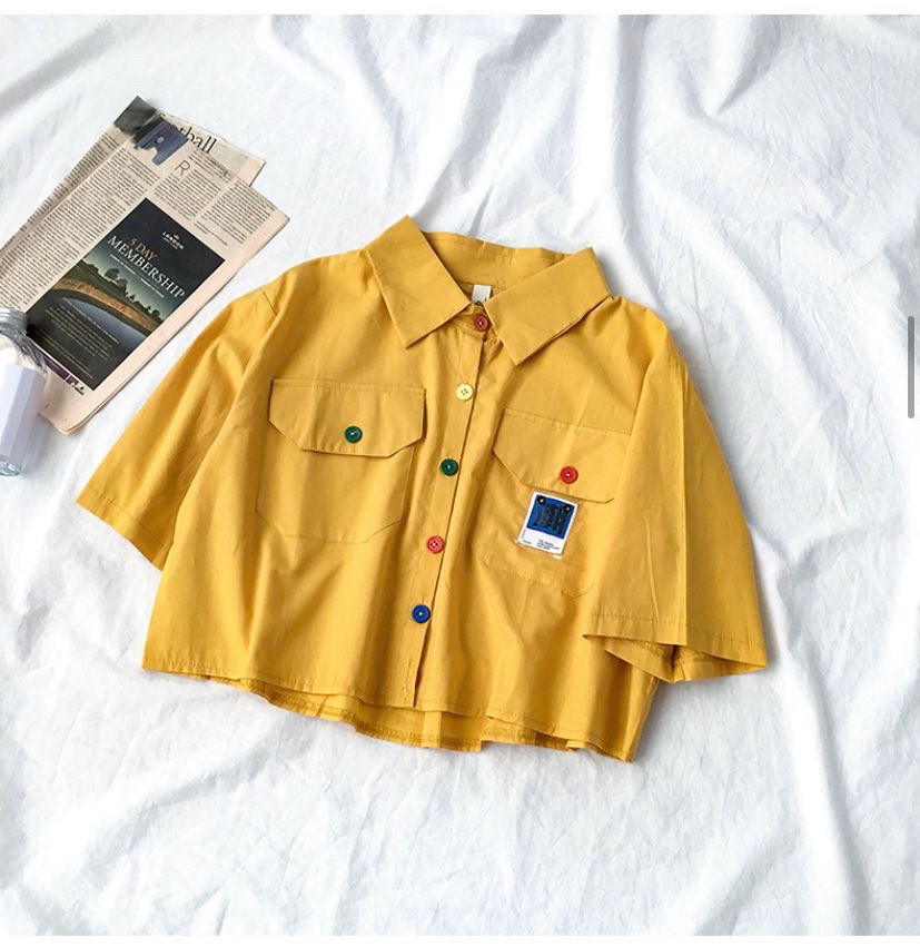 🌸Restock เสื้อเชิ้ตแขนสั้น ทรงครอป 💛เหลืองมัสตาร์ด กระดุมหลากสี เท่ห์ๆ ...