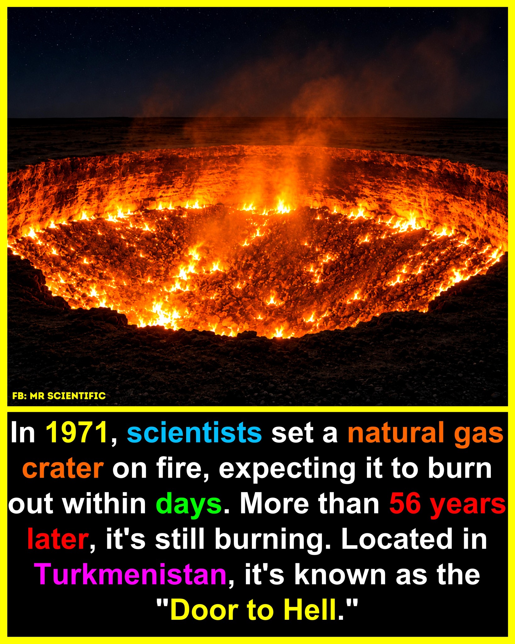 The blazing crater in this image is the Darvaza Gas Crater in