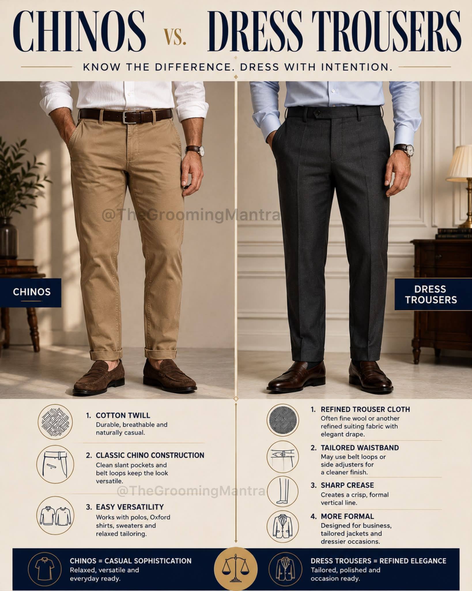 Chinos vs. Dress Trousers: Know the Difference 👖 They may look similar, but they serve very different purposes. CHINOS • Cotton twill fabric • More relaxed and breathable • Casual to smart-casual