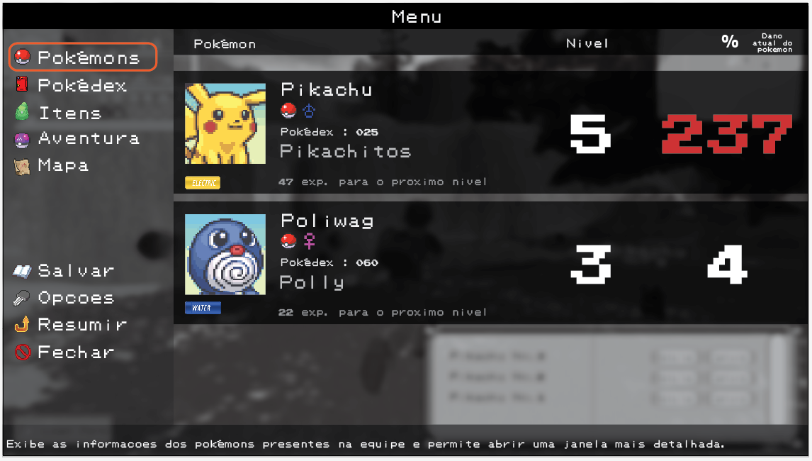 Pokémon Slash - Os menus estão ficando assim. Na ordem...