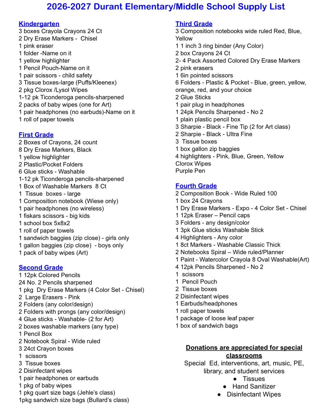 2026-2027 Durant Elementary and Middle School Supply Lists