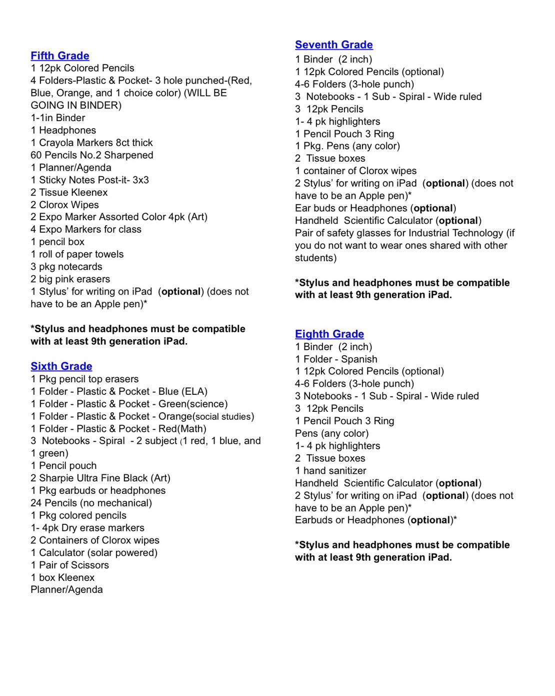 2026-2027 Durant Elementary and Middle School Supply Lists