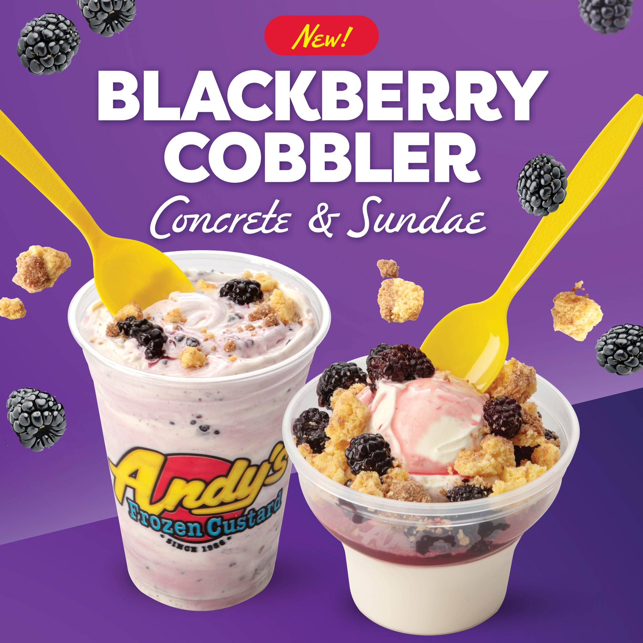 Andy's Frozen Custard blackberry cobbler concrete and sundae