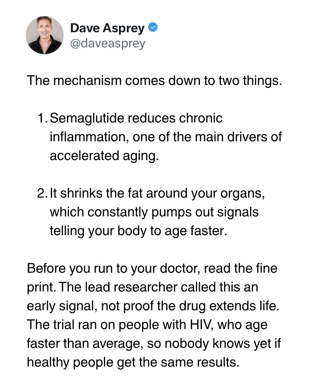 Protein comes before prescriptions. Semaglutide may slow biological aging by lowering inflammation, but muscle and bone still matter. Get the basics right first. Then decide if a GLP 1 belongs in your