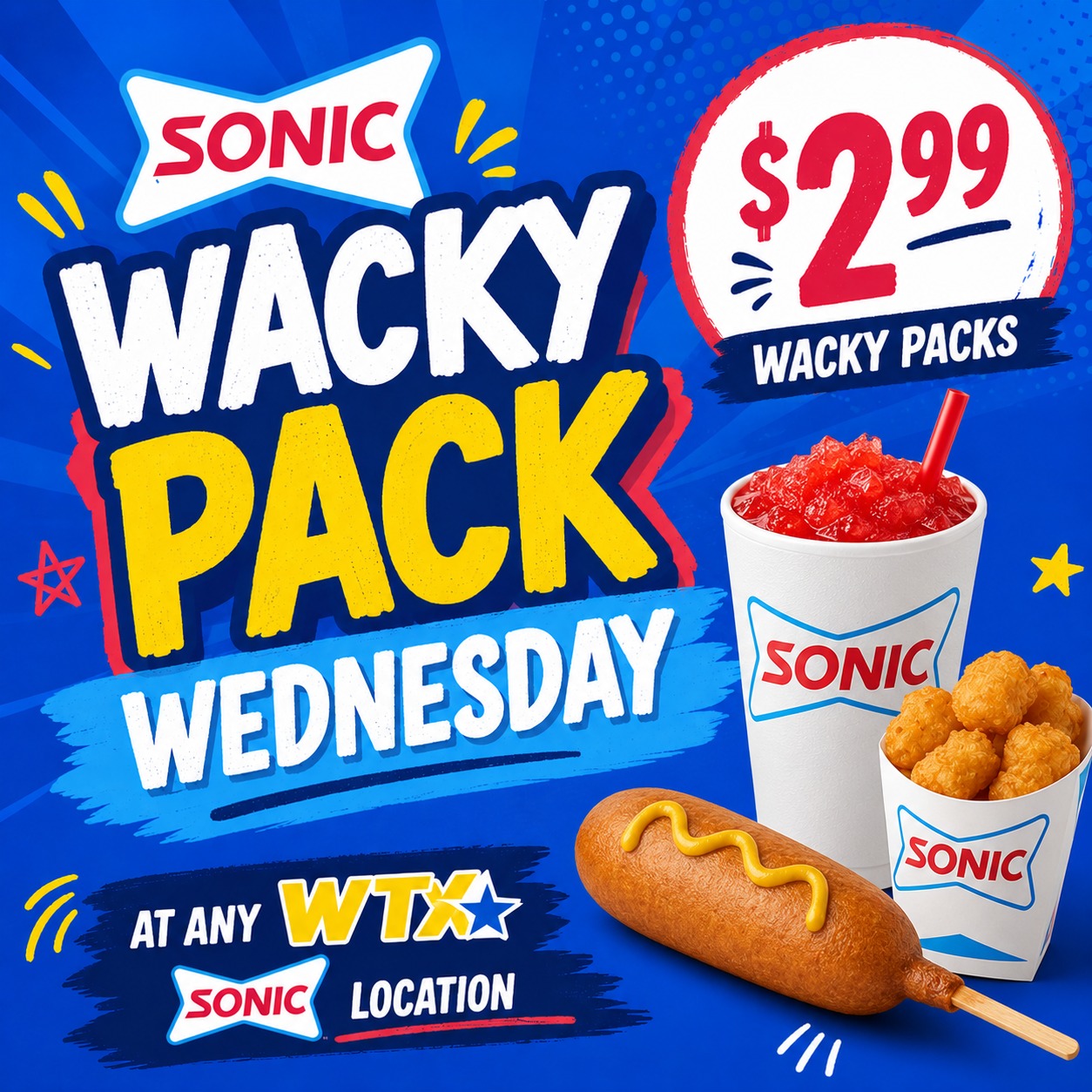 Wacky Pack Wednesday deal at WTX Sonic locations for $2.99