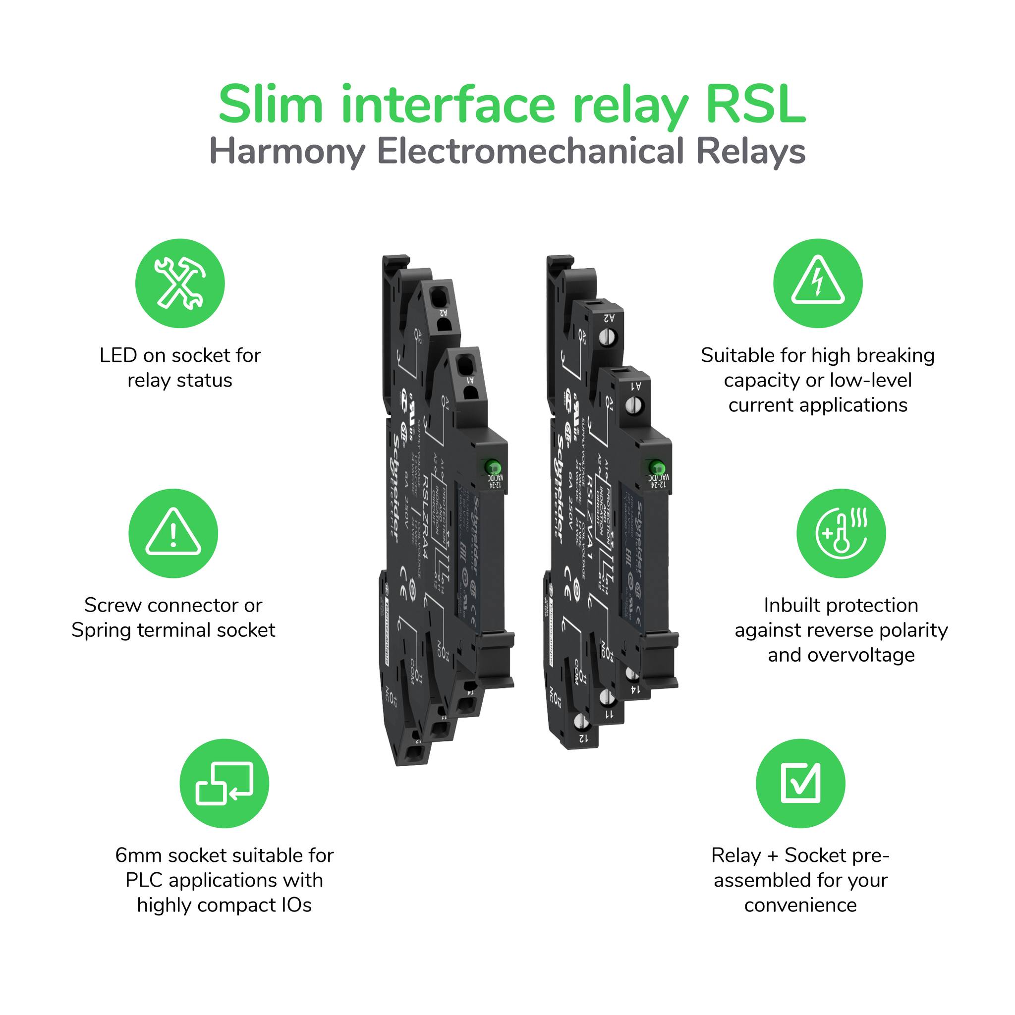 The RSL pre mounted slim interface relays deliver a compact 