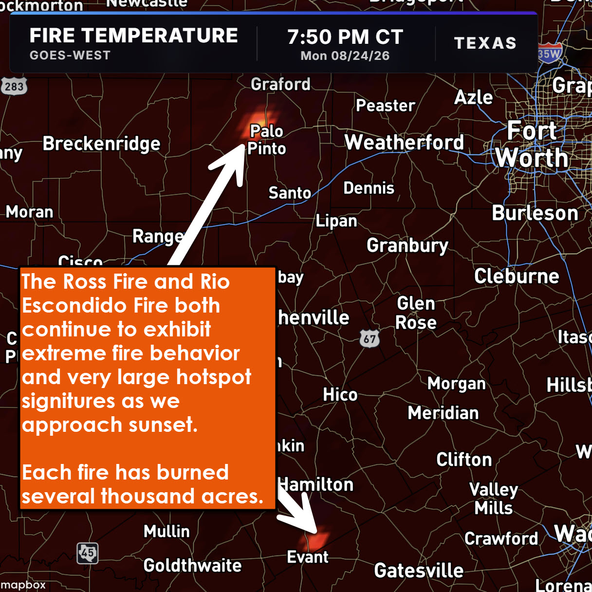 The Ross Fire in Palo Pinto County remained active on all flanks
