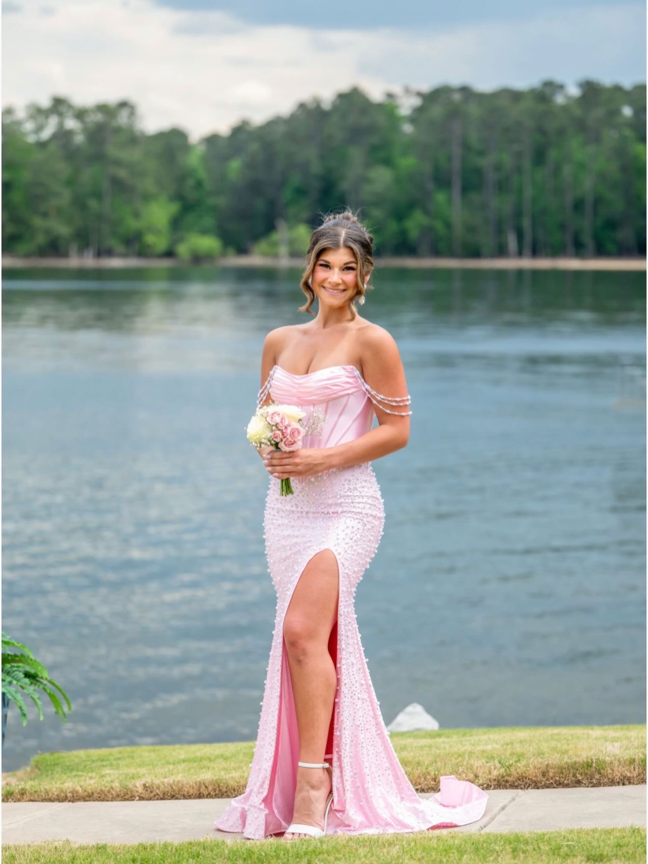 open lace back dress Rose Gold Strapless Sweetheart Sparkly A-line Long Prom Dress, PD3378   AlineBridal