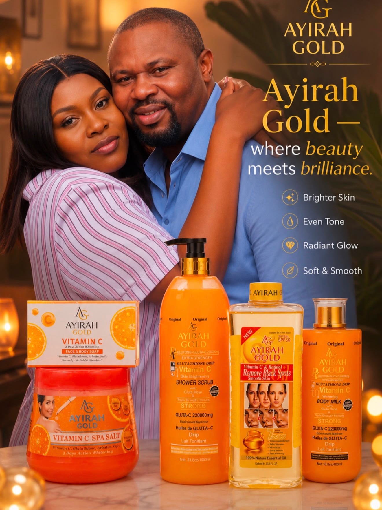 Glow with confidence. Shine with Ayirah Gold. ✨ Your skin tells your story before you say a word. Why not give it the care it deserves? With Ayirah Gold, you're not just