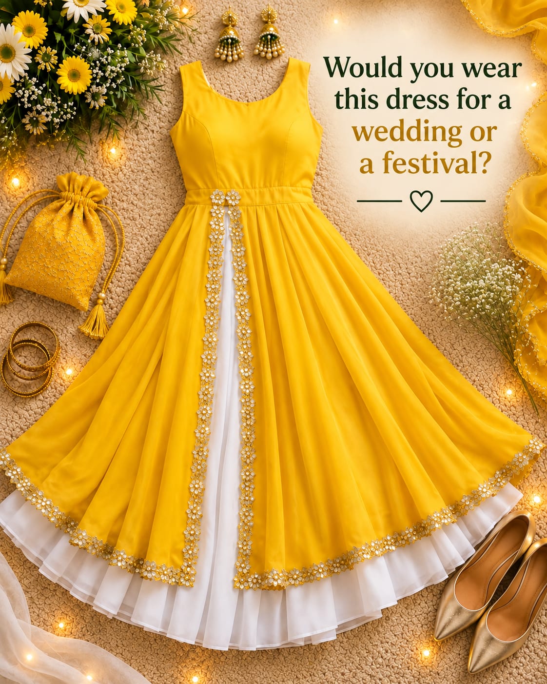 golden yellow dress for wedding Would you wear this a or a festival? 💛✨ The bright color feels joyful and festive, while the flowing skirt, white inner layer, and sparkling gold trim give gold dress for wedding guest