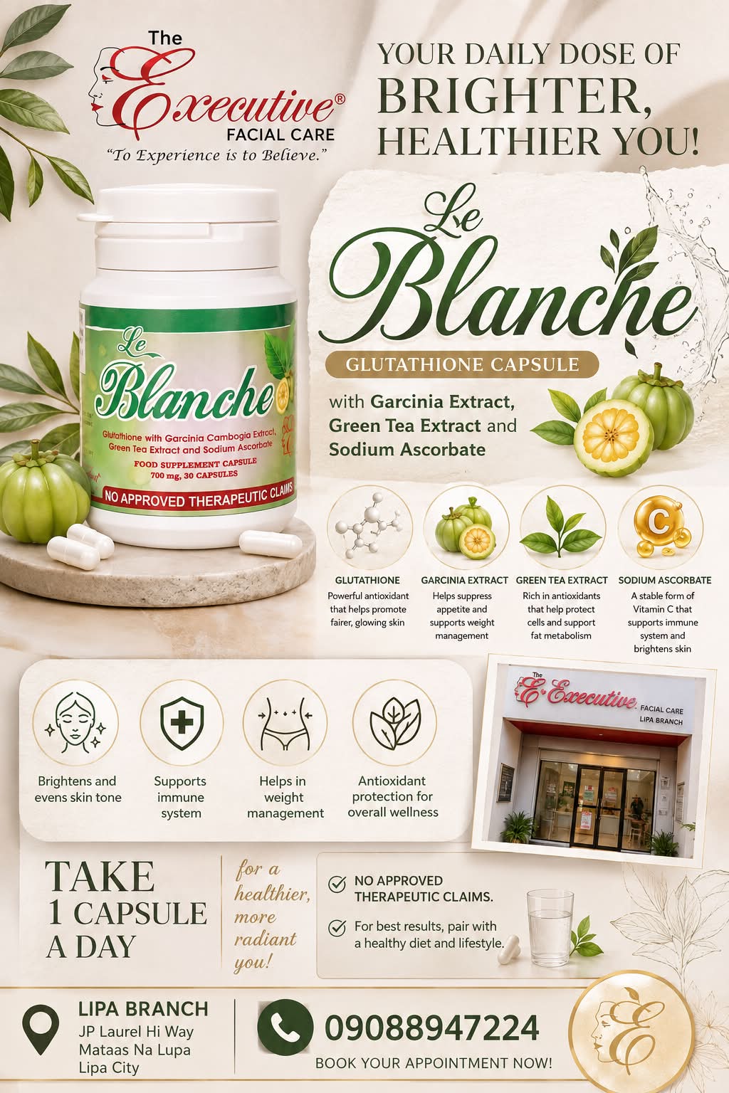 ✨ Glow from Within with Le Blanche! ✨ Reveal a brighter, healthier-looking you with Le Blanche Glutathione Capsule—carefully formulated with: 🌿 Glutathione – A powerful antioxidant that helps protect your cells from