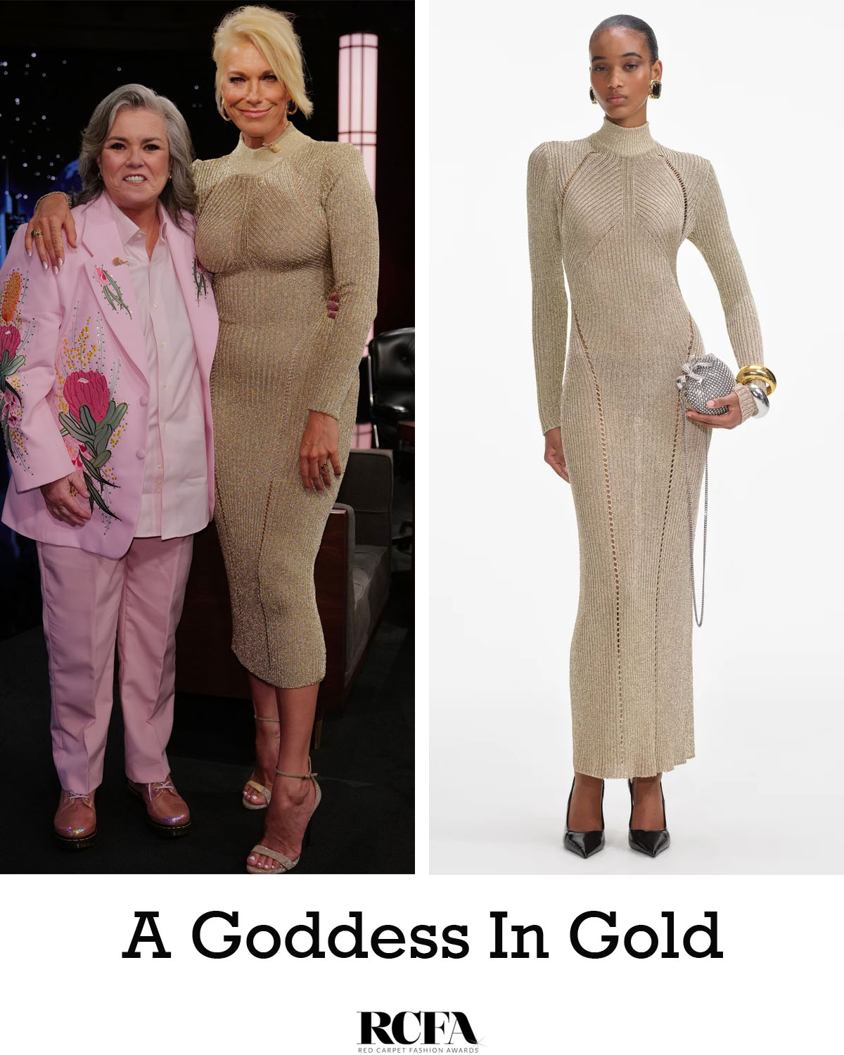 hannah waddingham golden globes dress was a goddess in gold for her appearance on 'Jimmy Kimmel Live!' with guest host Rosie O'Donnell. Her Self-Portrait Lurex knit is doing exactly what you want a metallic OUTERWEAR ON SALE