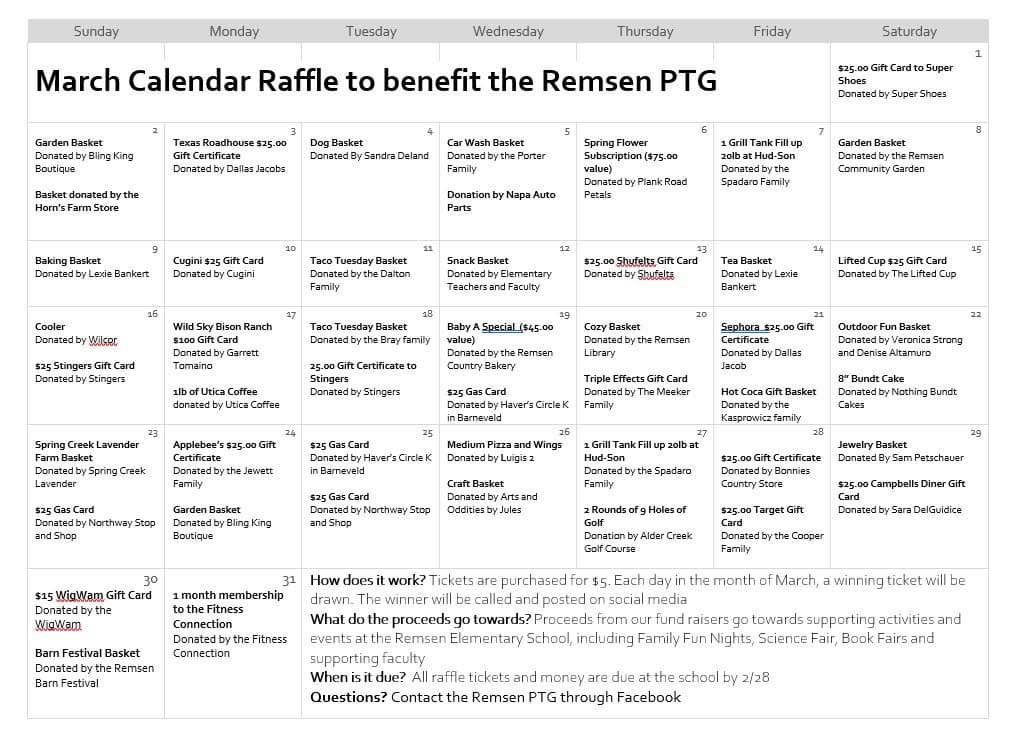Remsen PTG - The March Raffle Calendar is now an available... | Facebook