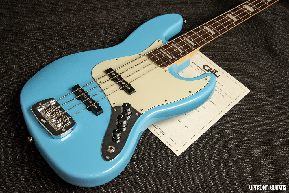 G&L JB MFD bass guitar in Himalayan blue with block inlays
