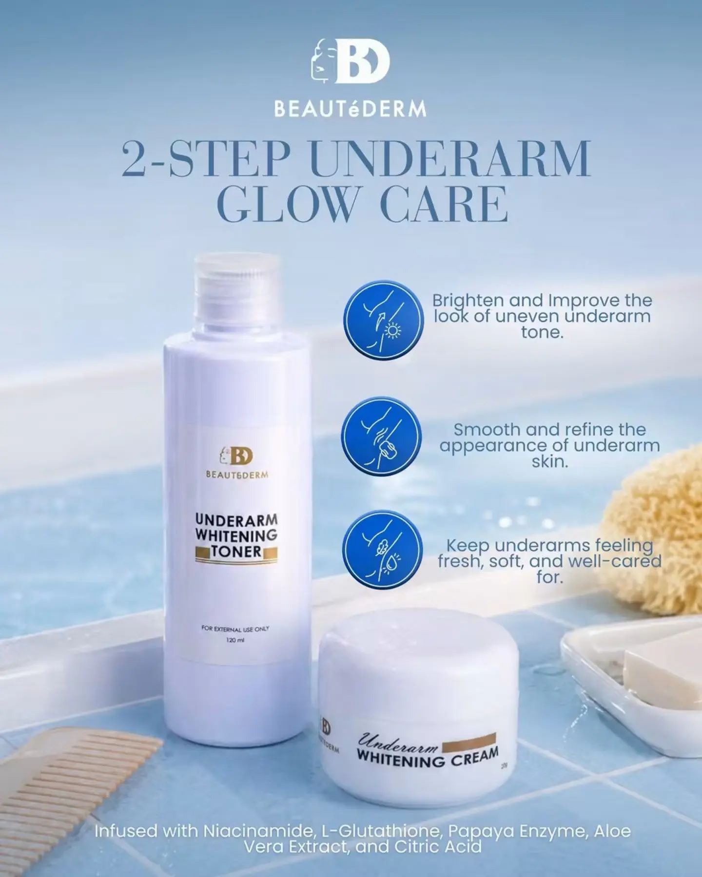 Your underarm routine can be simple and targeted. ✨ Meet Beautéderm's 2-Step Underarm Glow Care, made to help keep underarms looking brighter, smoother, and more even while feeling fresh and well cared