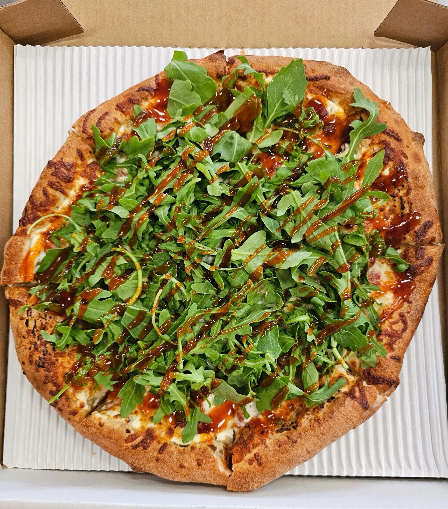 Tuscan peach pizza and salad at Pizza Factory Madera Ranchos