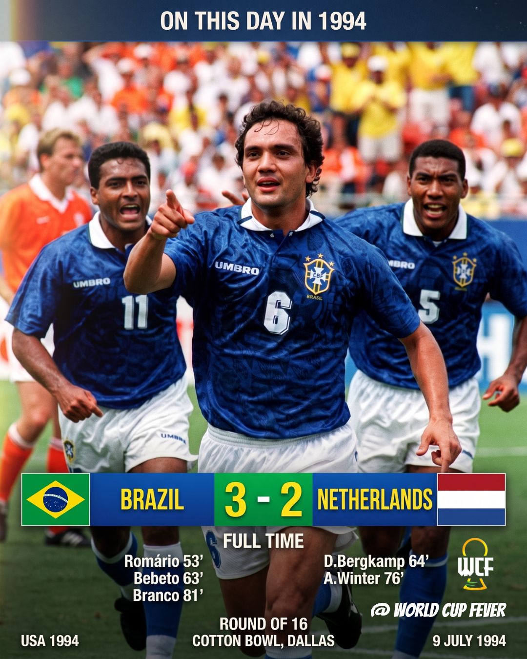 Brazil defeats Netherlands 3-2 in 1994 FIFA World Cup