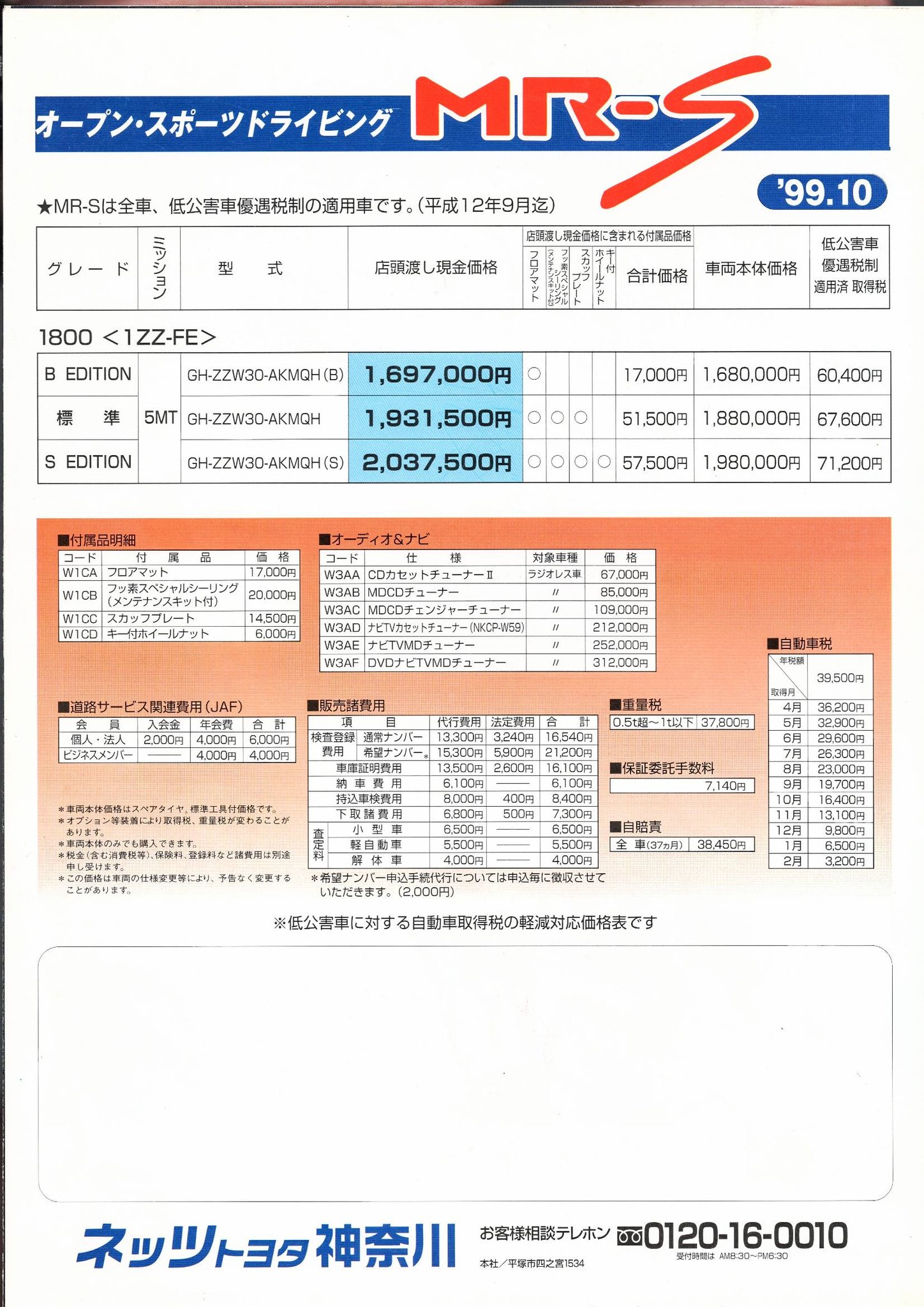 JDM ZZW30 Toyota MR-S Options brochure from October 1999. This is