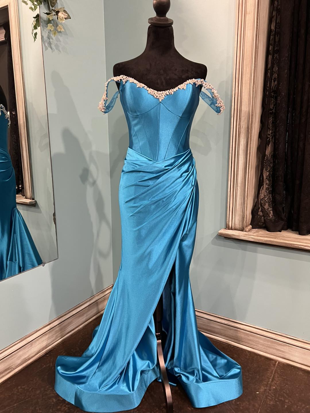 aqua color prom dresses Beaded Aqua Blue Wedding Dresses Mermaid Overskirt Prom Dress with Sli   Viniodress