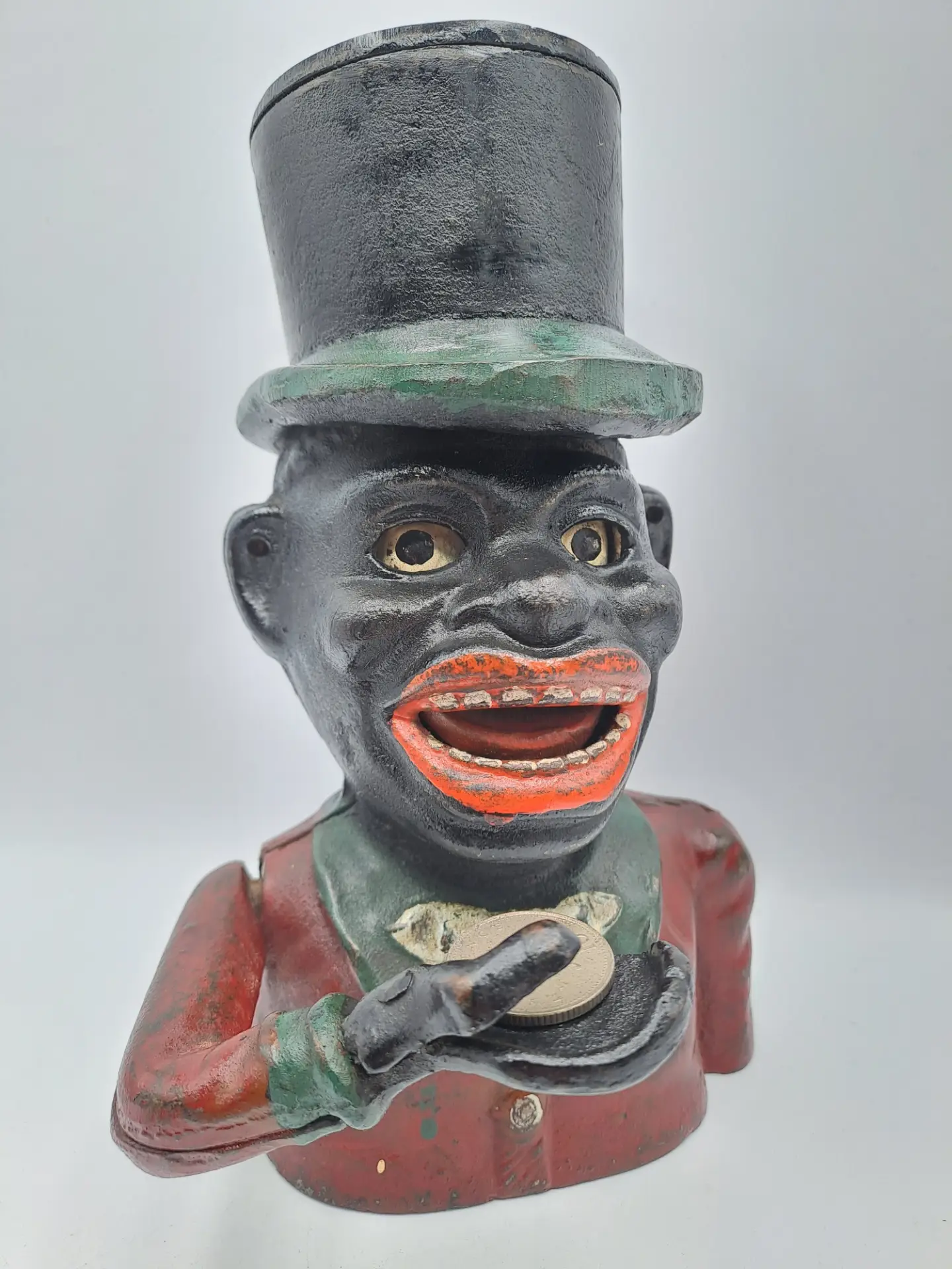 Vintage Cast Iron Jolly Boy Mechanical Money Bank, £95 H8.5