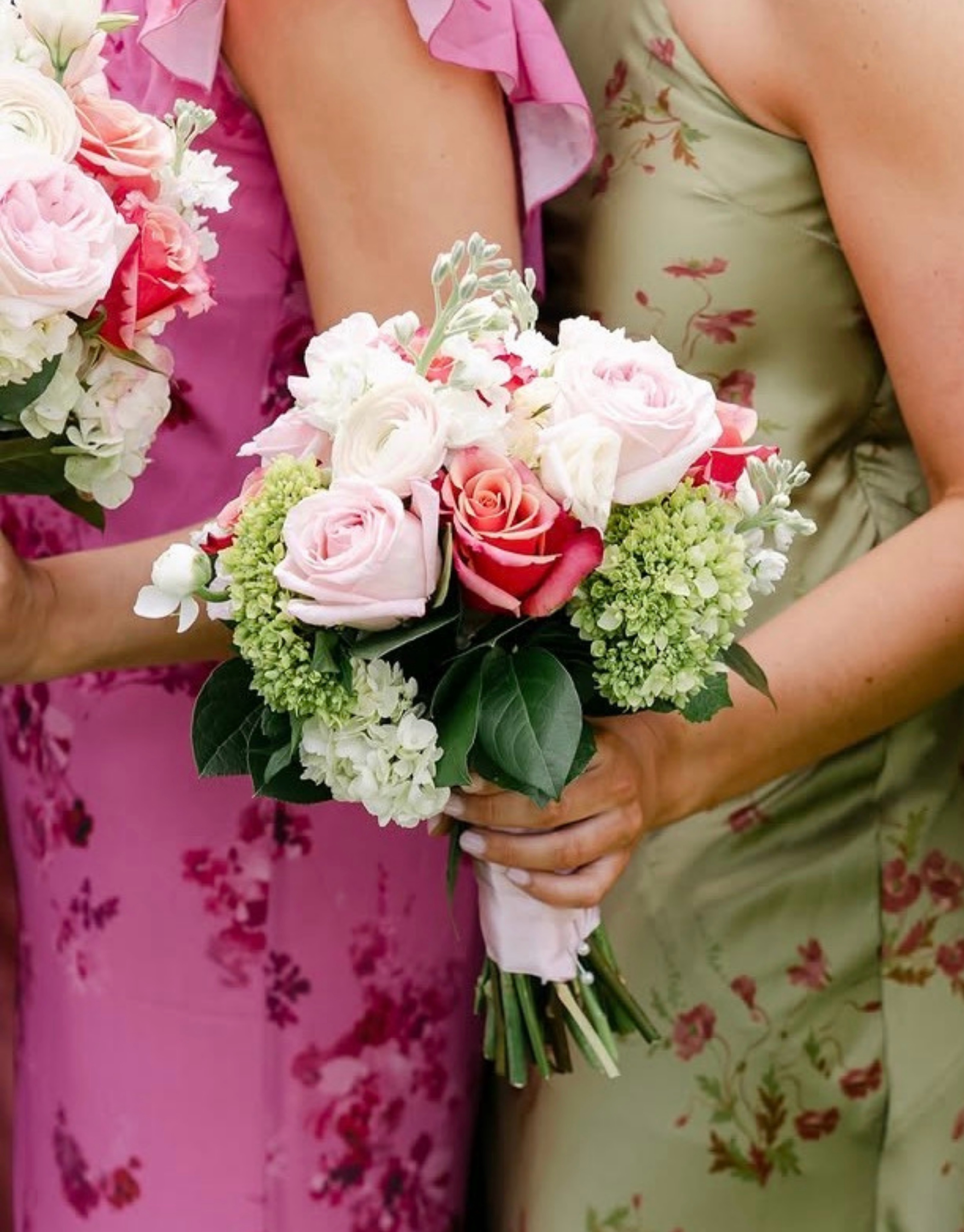 pink and sage green dress St. Clair Ballroom wedding with rose dresses outfit for pictures
