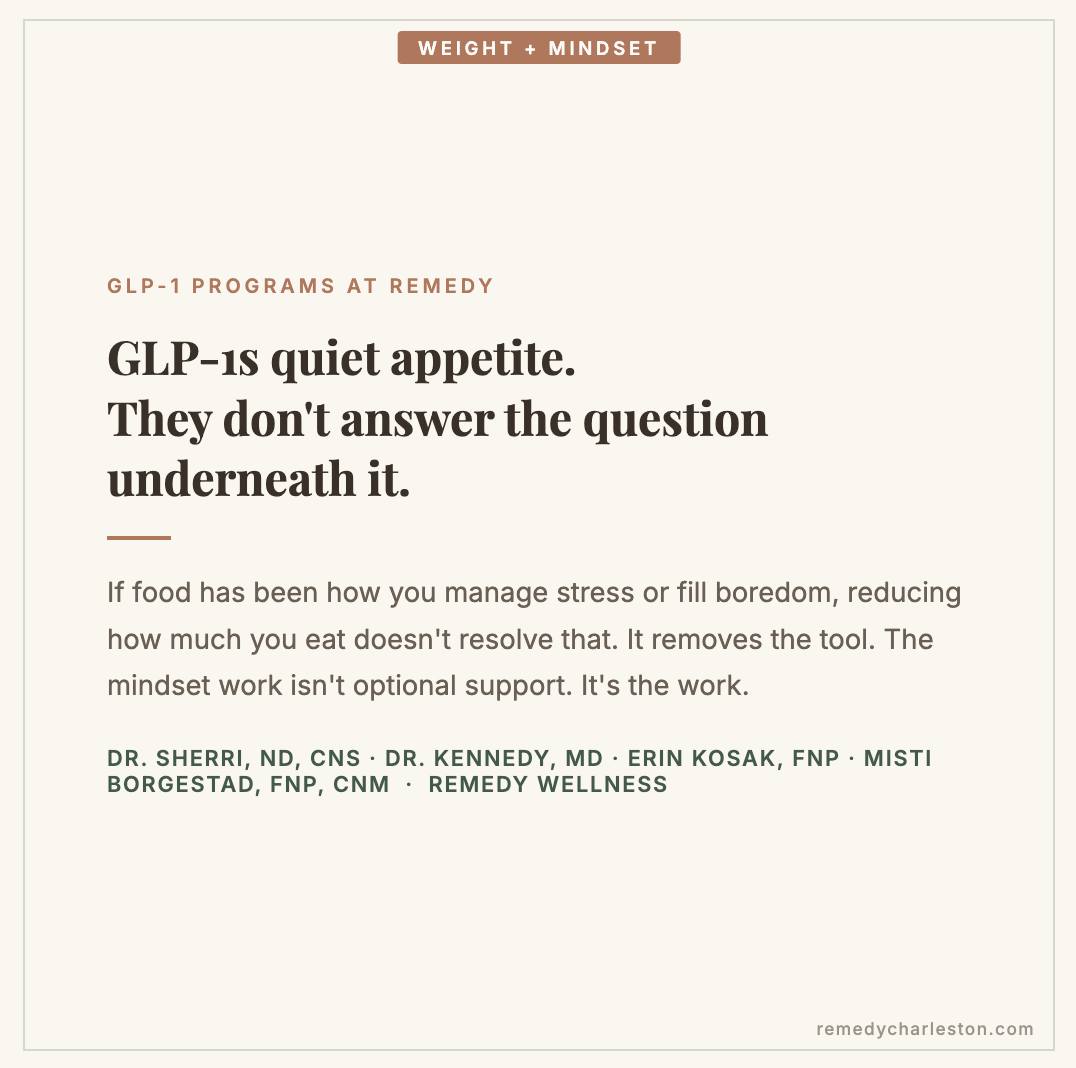 GLP-1 medications work by quieting appetite. What they don't do is answer the question underneath the appetite. What we keep coming back to: if food has been your way of managing stress