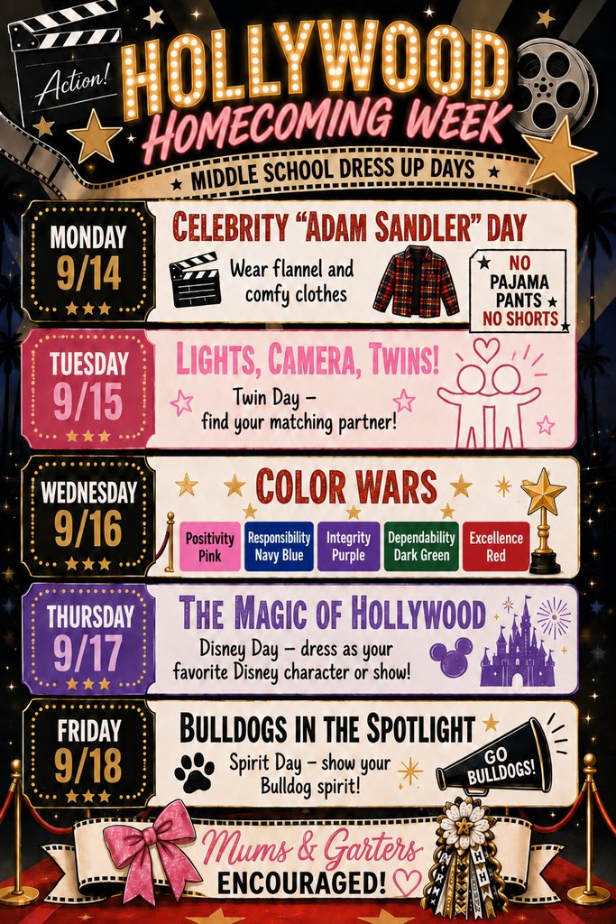 hollywood homecoming dress up days September 14-18 hollywood spirit week ideas