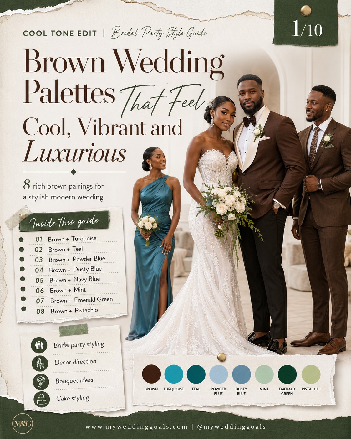 Elegant hues for your dream wedding ✨ Brown and teal.... a timeless, rich palette for your perfect day. From luxe bridesmaid dresses to dashing groom suits and a cake that ties it