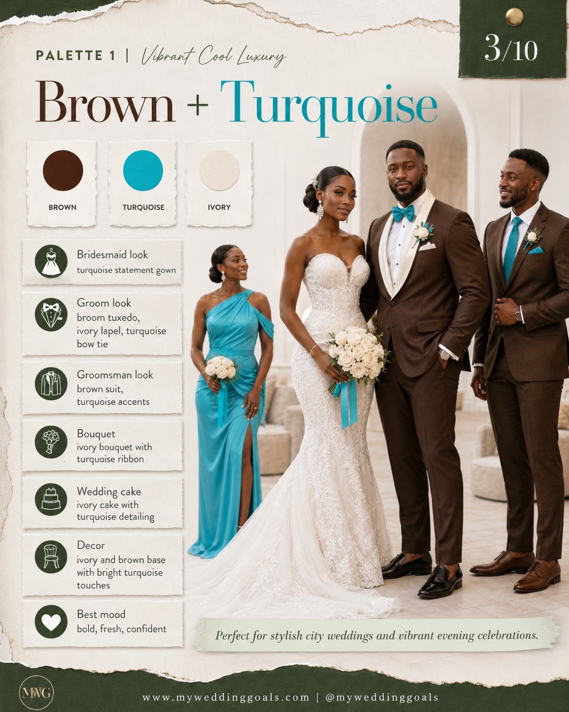 ivory and turquoise wedding dress Elegant hues for your dream ✨ Brown teal.... a timeless, rich palette for your perfect day. From luxe bridesmaid dresses to dashing groom suits and a cake that ties it wedding dresses with teal accents