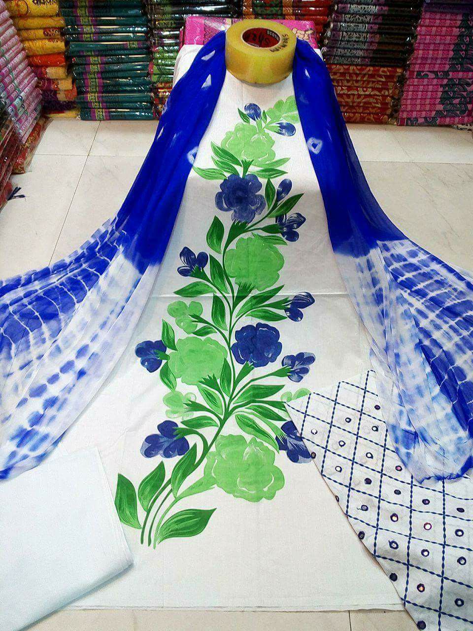 handprint block dress jama saloyar full cotton, orna sifon, hata alada dolar work