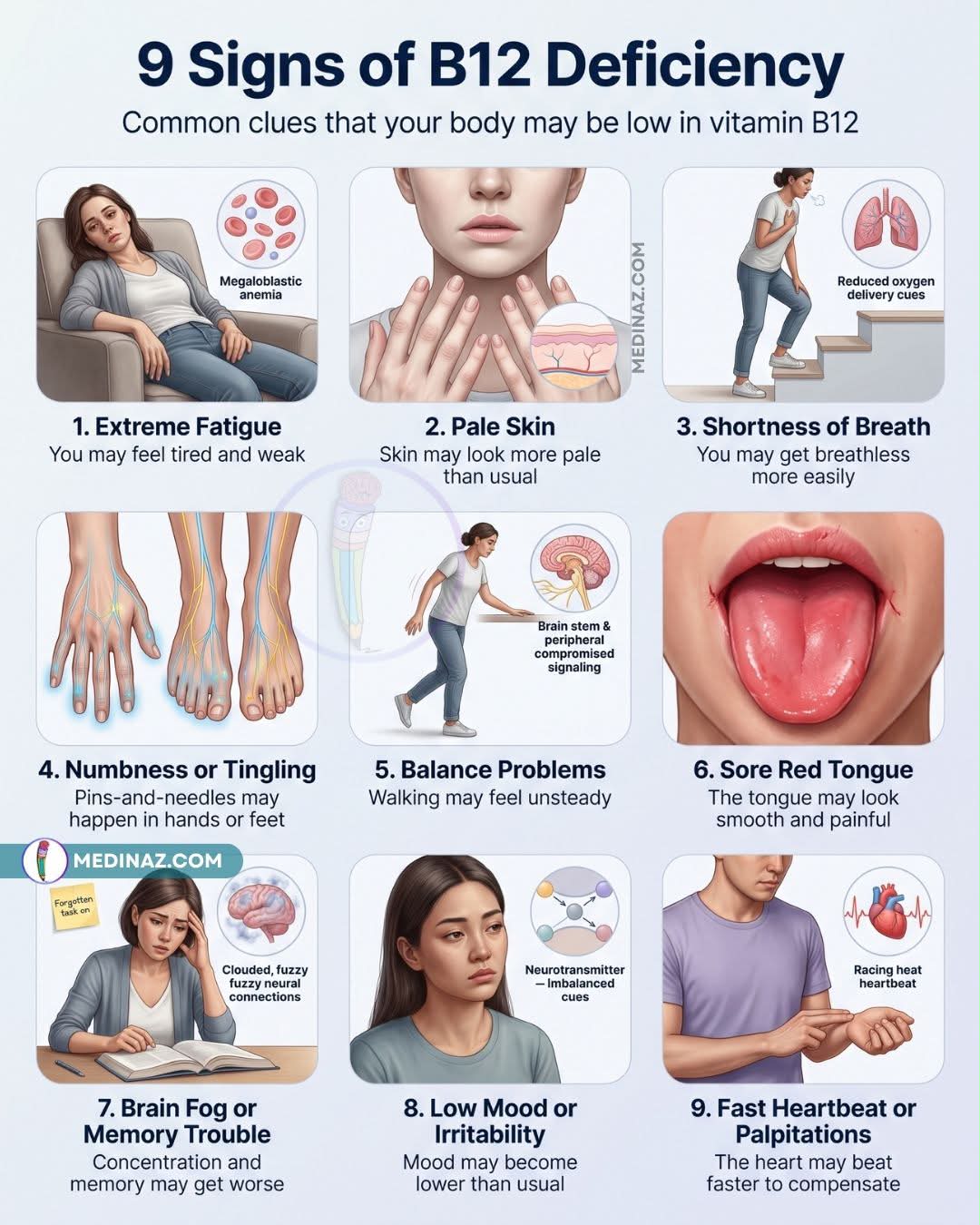 9 Signs of Vitamin B12 Deficiency Vitamin B12 is important for red blood cell production, nerve function, and DNA formation. Deficiency can cause anemia and neurological problems, sometimes even befo