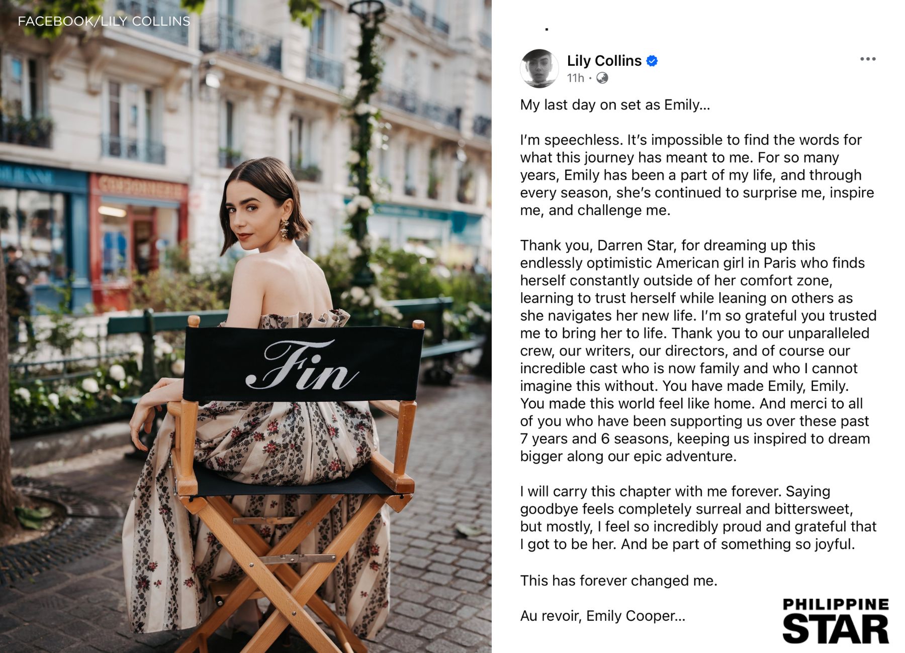 GOODBYE, EMILY COOPER 🥹💗 American actress Lily Collins penned a heartfelt Facebook post to mark her last day on set as Emily Cooper in the hit Netflix series 