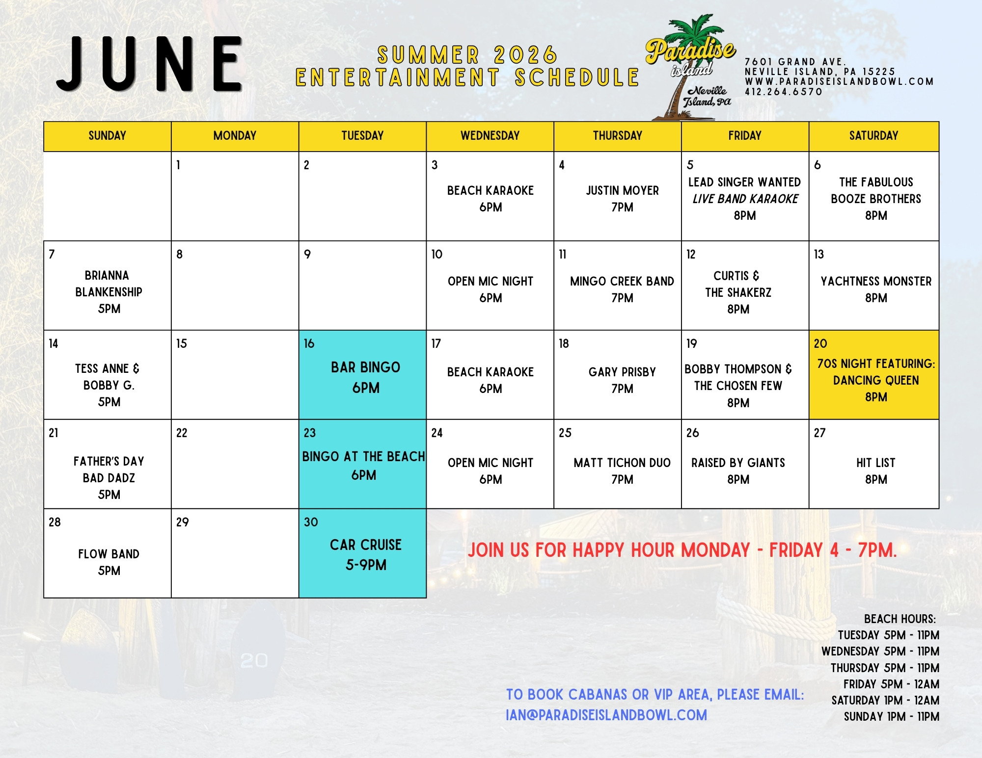 Updated events calendar for the remainder of the summer What