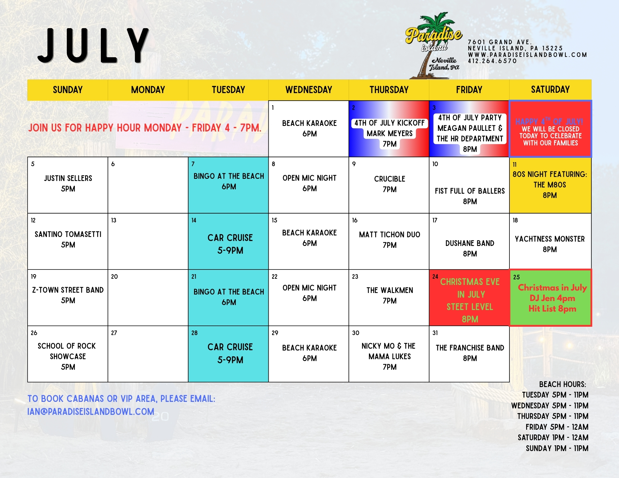 Updated events calendar for the remainder of the summer What