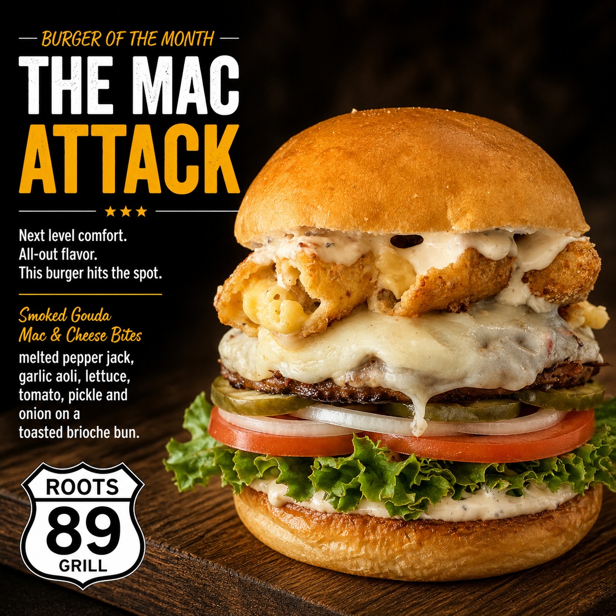 Roots 89 Grill's Mac Attack burger