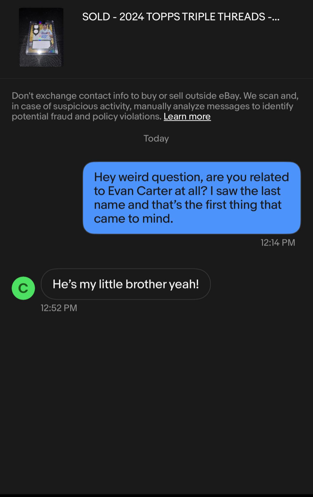 Evan Carter 2024 Topps Triple Threads RPA sold to brother