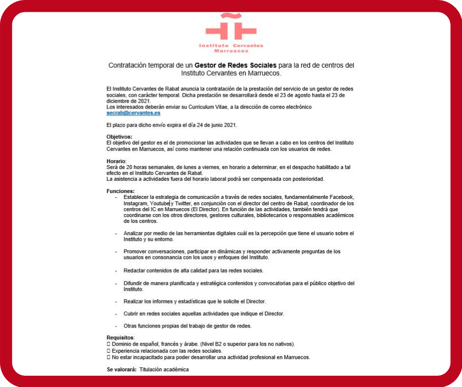 ⚠️Oferta laboral del... - Instituto Cervantes de Rabat