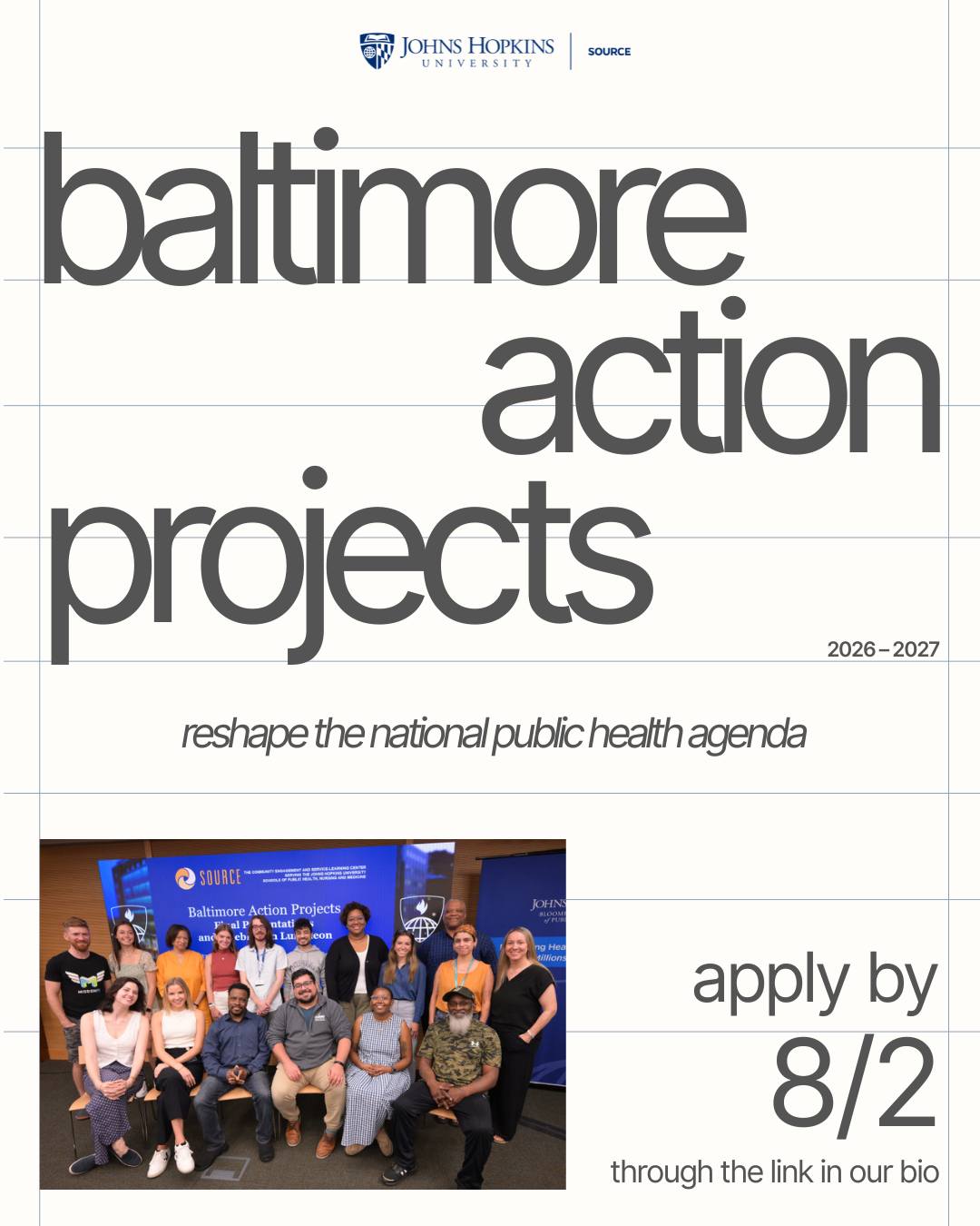 Now accepting student applications for Baltimore Action Projects in 2026-27! Focus on critical public health issues with Baltimore partner orgs, stipend included. @jJohns Hopkins Bloomberg School of Public Health & Johns Hopkins